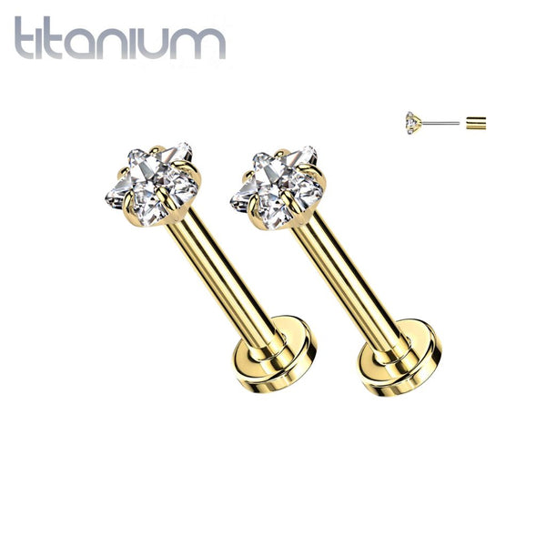 Pair of Implant Grade Titanium Small Dainty Gold PVD White CZ Star Push In Earrings With Flat Back - Pierced Universe