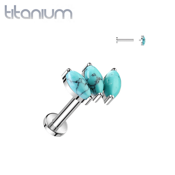 Implant Grade Titanium Triple Marquise Turquoise Internally Threaded Flat Back Labret - Pierced Universe