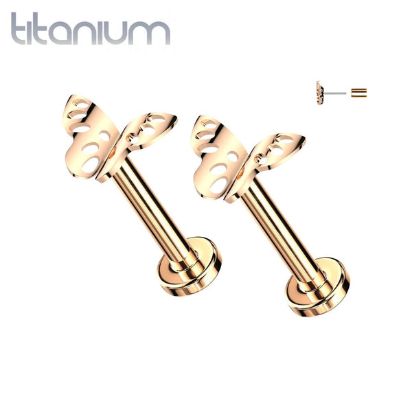 Pair of Implant Grade Titanium Threadless Rose Gold PVD Butterfly Push In Earrings With Flat Back - Pierced Universe