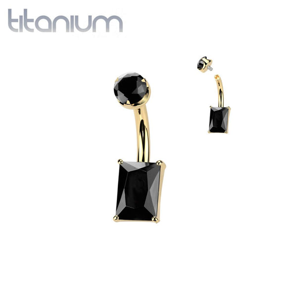 Implant Grade Titanium Gold PVD Black Agate Stone Rectangle Internally Threaded Belly Ring - Pierced Universe