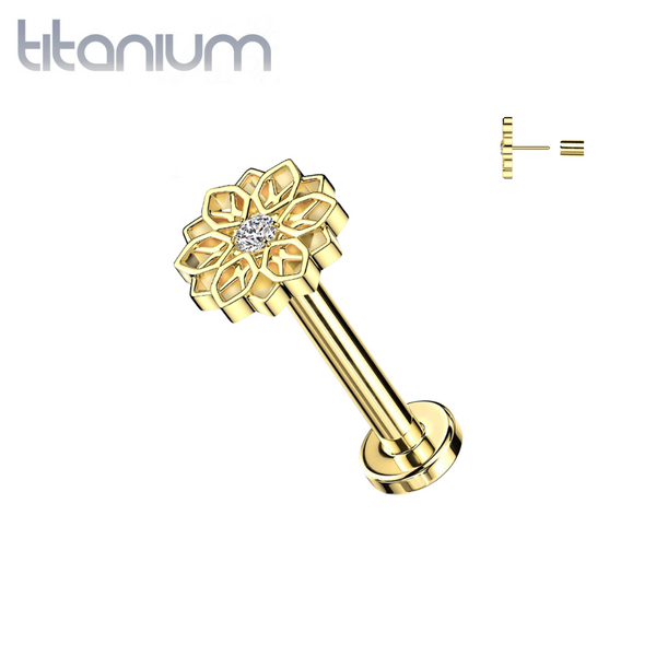 Implant Grade Titanium Gold PVD White CZ Large Flower Threadless Push In Labret