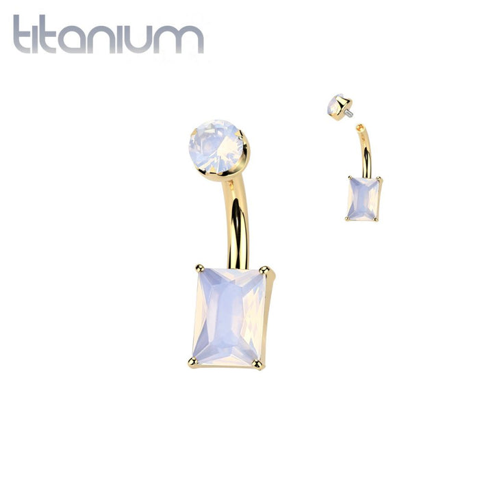 Implant Grade Titanium Gold PVD Rose Quartz Stone Rectangle Internally Threaded Belly Ring - Pierced Universe