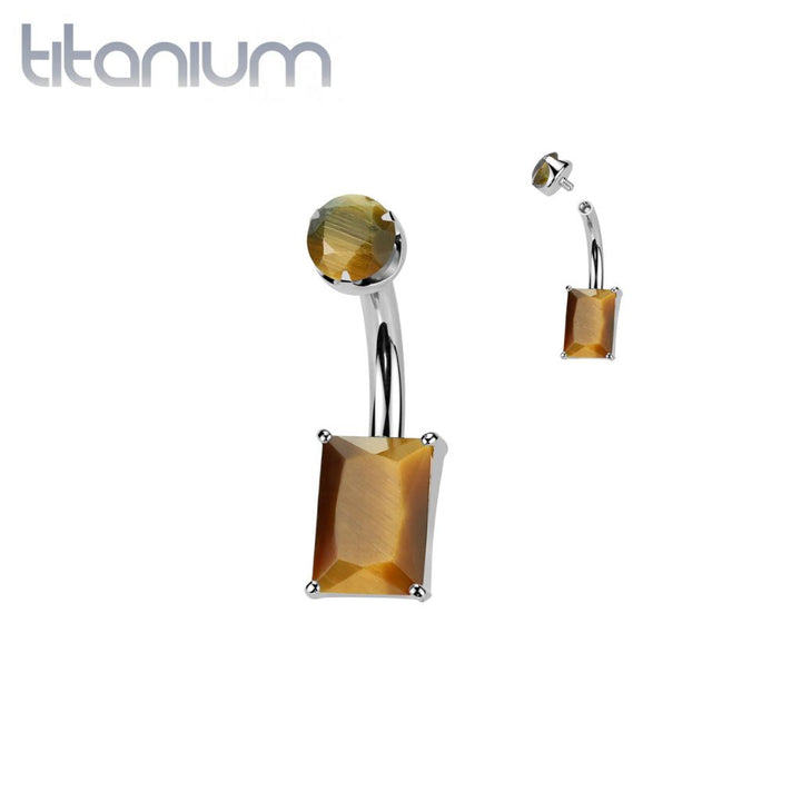 Implant Grade Titanium Tiger's Eye Stone Rectangle Internally Threaded Belly Ring - Pierced Universe