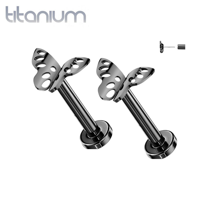 Pair of Implant Grade Titanium Threadless Black PVD Butterfly Push In Earrings With Flat Back - Pierced Universe