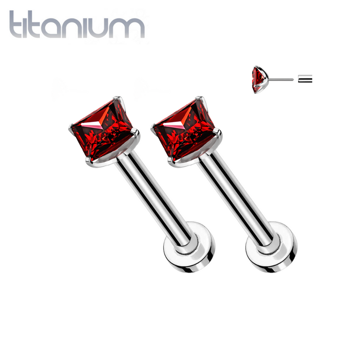 Pair of Implant Grade Titanium Threadless Square Red CZ Gem Earring Studs with Flat Back - Pierced Universe