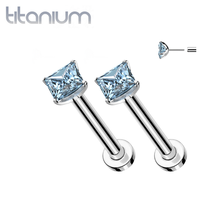 Pair of Implant Grade Titanium Threadless Square Aqua CZ Gem Earring Studs with Flat Back - Pierced Universe