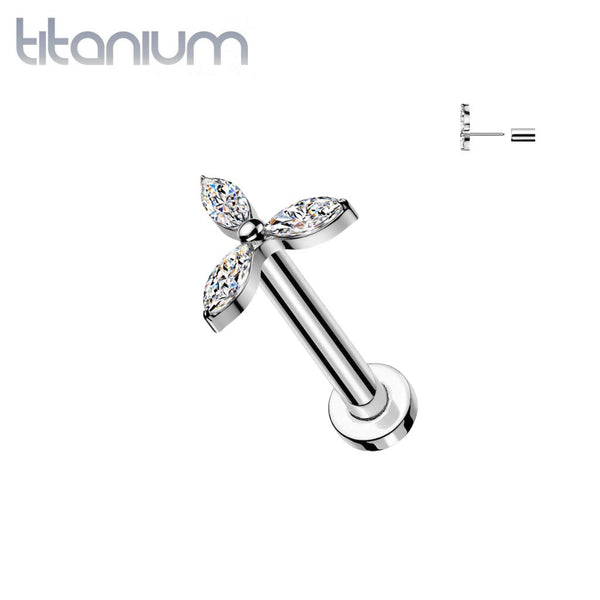 Implant Grade Titanium White CZ Trillium Flower Threadless Labret With Flat Back - Pierced Universe