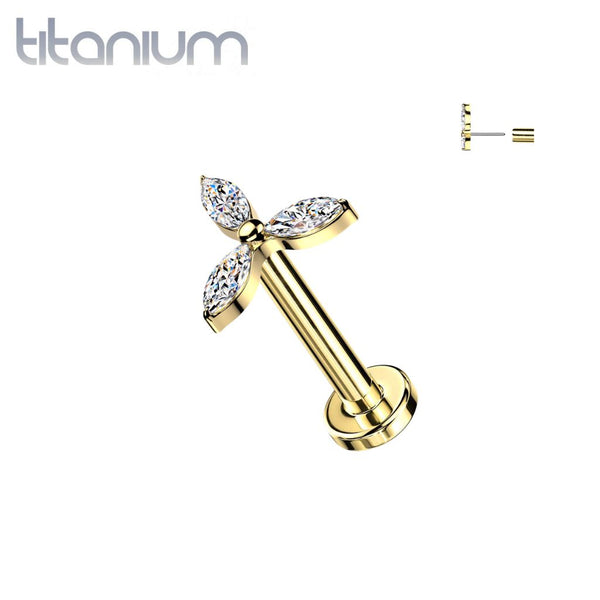 Implant Grade Titanium Gold PVD White CZ Trillium Flower Threadless Labret With Flat Back - Pierced Universe