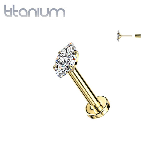Implant Grade Titanium Gold PVD White CZ Clawed Marquise Gem Push In Threadless Labret With Flat Back - Pierced Universe
