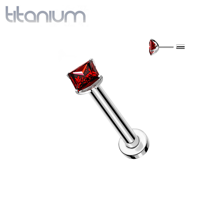 Implant Grade Titanium Square Red CZ Gem Threadless Push In Labret - Pierced Universe