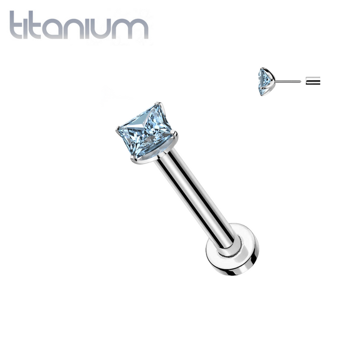 Implant Grade Titanium Square Aqua CZ Gem Threadless Push In Labret - Pierced Universe