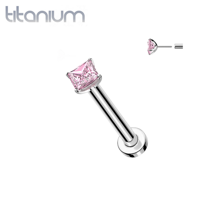 Implant Grade Titanium Square Pink CZ Gem Threadless Push In Labret - Pierced Universe