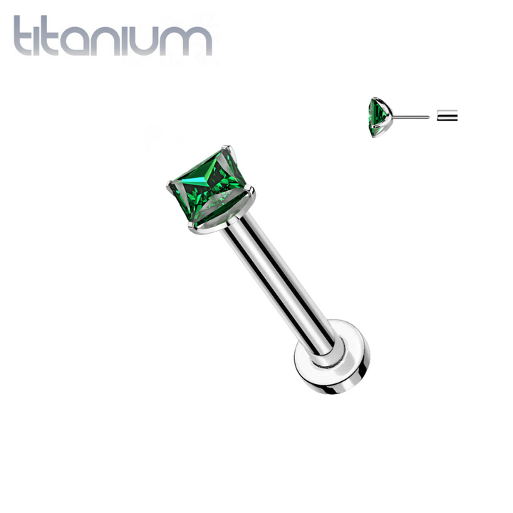 Implant Grade Titanium Square Emerald CZ Gem Threadless Push In Labret - Pierced Universe