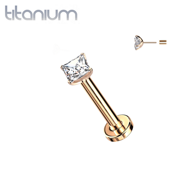 Implant Grade Titanium Rose Gold PVD Square White CZ Threadless Push In Labret - Pierced Universe