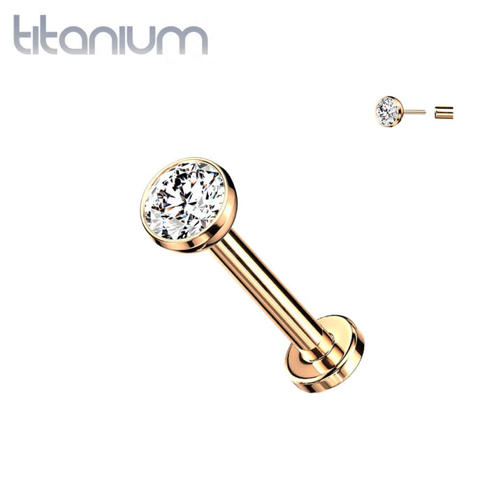 Implant Grade Titanium Threadless Push In Rose Gold PVD Nose Ring Bezel White CZ Stud with Flat Back - Pierced Universe