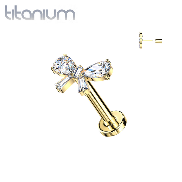 Implant Grade Titanium Gold PVD White CZ Large Bow Threadless Labret With Flat Back - Pierced Universe