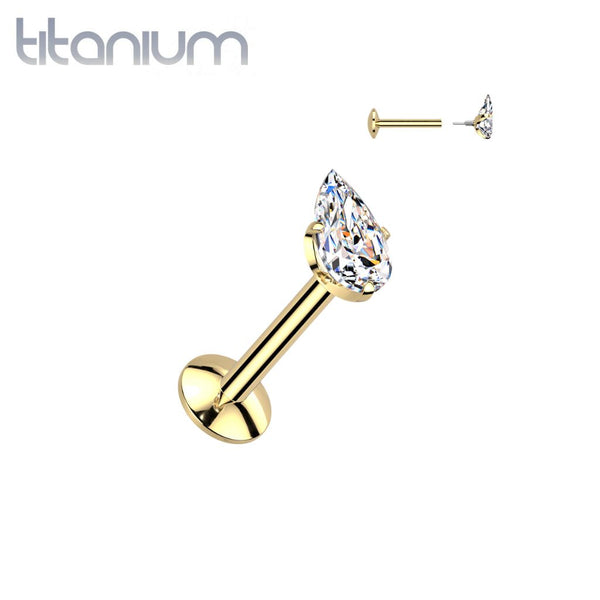 Implant Grade Titanium Gold PVD White CZ Teardrop Shaped Internally Threaded Flat Back Labret - Pierced Universe