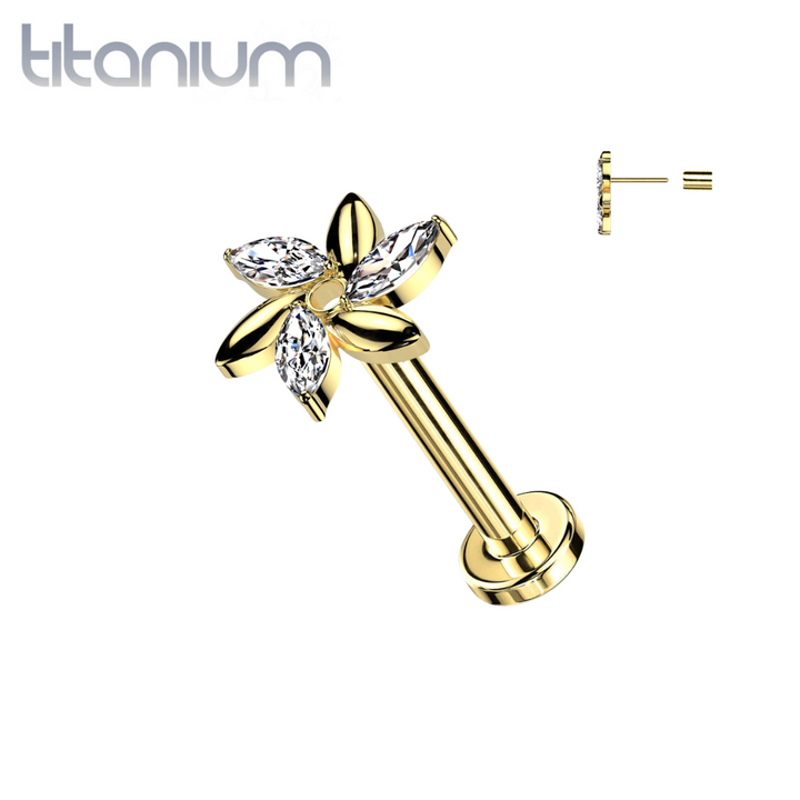Implant Grade Titanium Gold PVD White CZ Marquise Flower Design Threadless Push In Labret - Pierced Universe