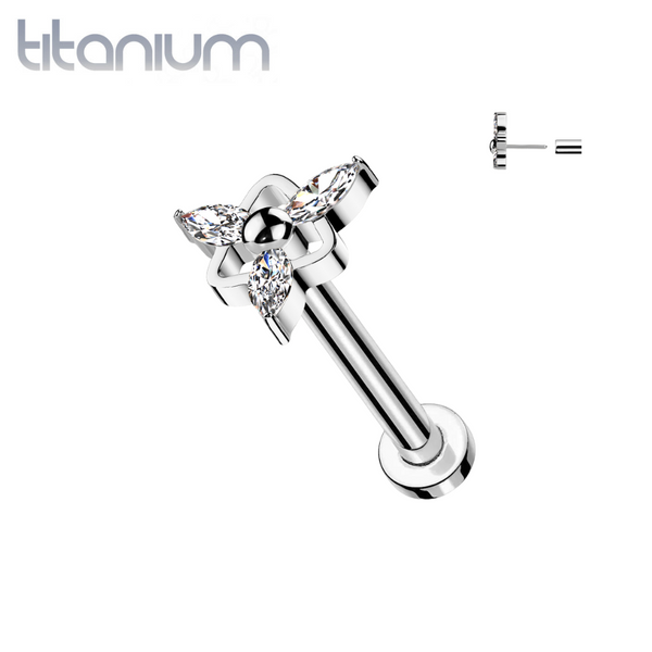 Implant Grade Titanium White CZ Marquise Triangle Design Threadless Push In Labret - Pierced Universe