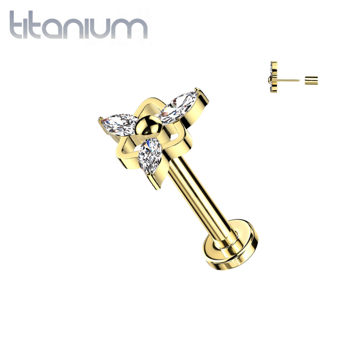 Implant Grade Titanium Gold PVD White CZ Marquise Triangle Design Threadless Push In Labret - Pierced Universe