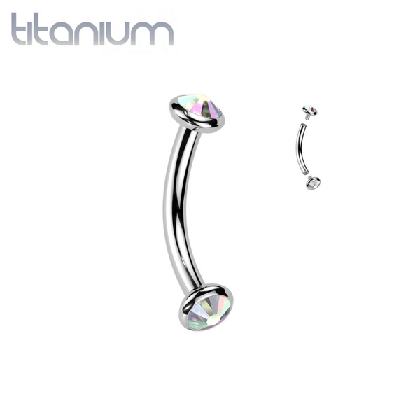 Implant Grade Titanium Aurora Borealis CZ Bezel Internally Threaded Curved Barbell