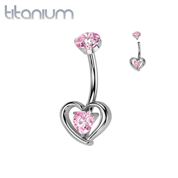 Implant Grade Titanium Pink CZ Heart Shaped Belly Ring