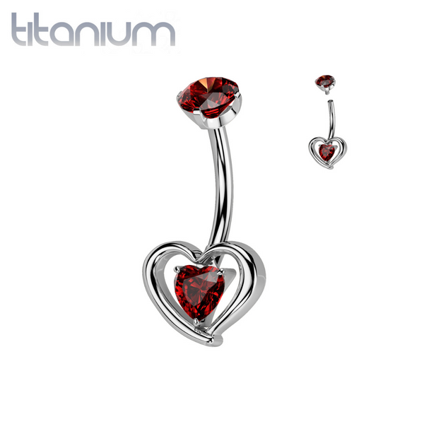 Implant Grade Titanium Red CZ Heart Shaped Belly Ring - Pierced Universe