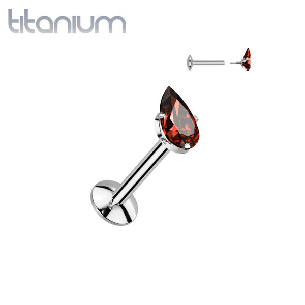 Implant Grade Titanium Red CZ Teardrop Shaped Internally Threaded Flat Back Labret - Pierced Universe