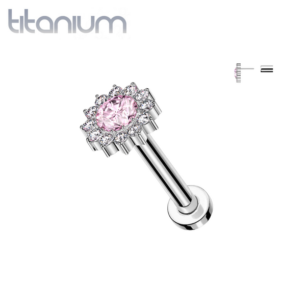 Implant Grade Titanium Pink CZ Large Sunflower Threadless Labret With Flat Back - Pierced Universe