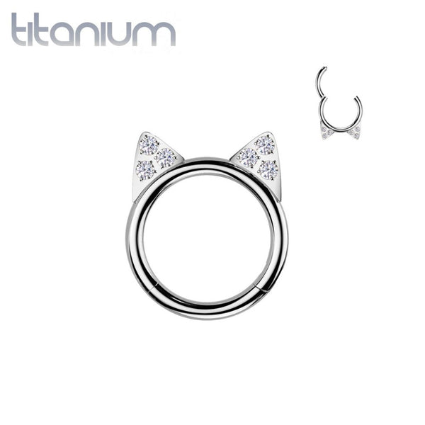 Implant Grade Titanium White CZ Cute Cat Ear Hinged Clicked Hoop - Pierced Universe