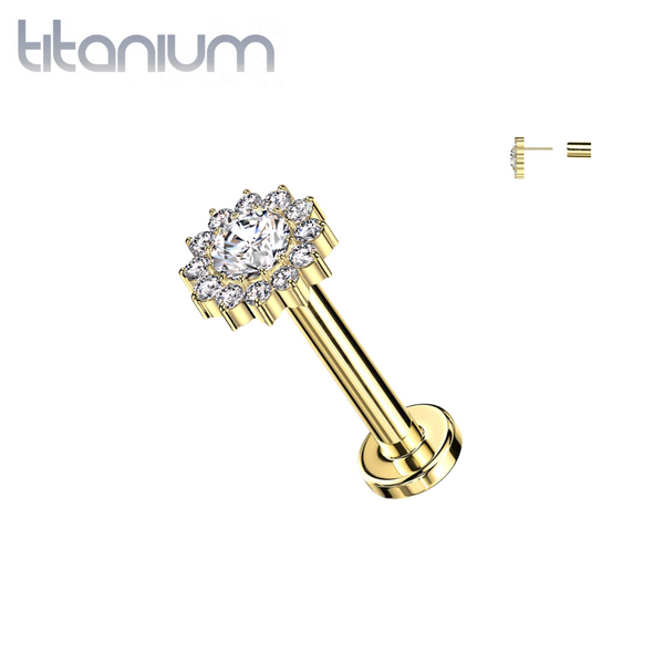 Implant Grade Titanium Gold PVD White CZ Large Sunflower Threadless Labret With Flat Back - Pierced Universe