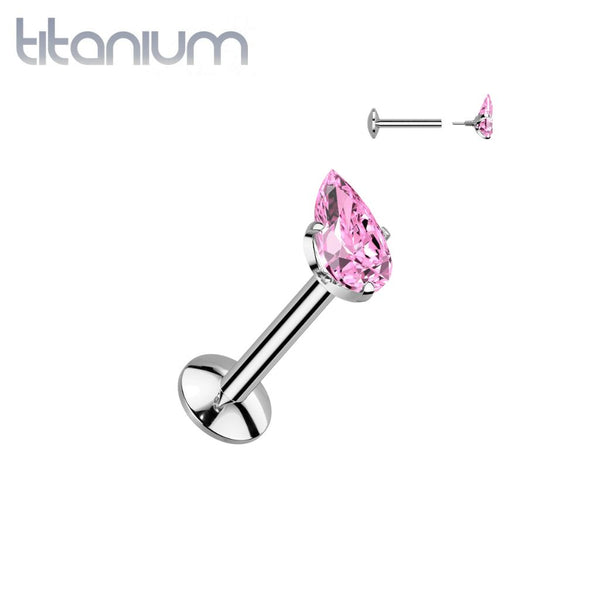 Implant Grade Titanium Pink CZ Teardrop Shaped Internally Threaded Flat Back Labret - Pierced Universe