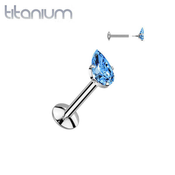 Implant Grade Titanium Aqua CZ Teardrop Shaped Internally Threaded Flat Back Labret - Pierced Universe