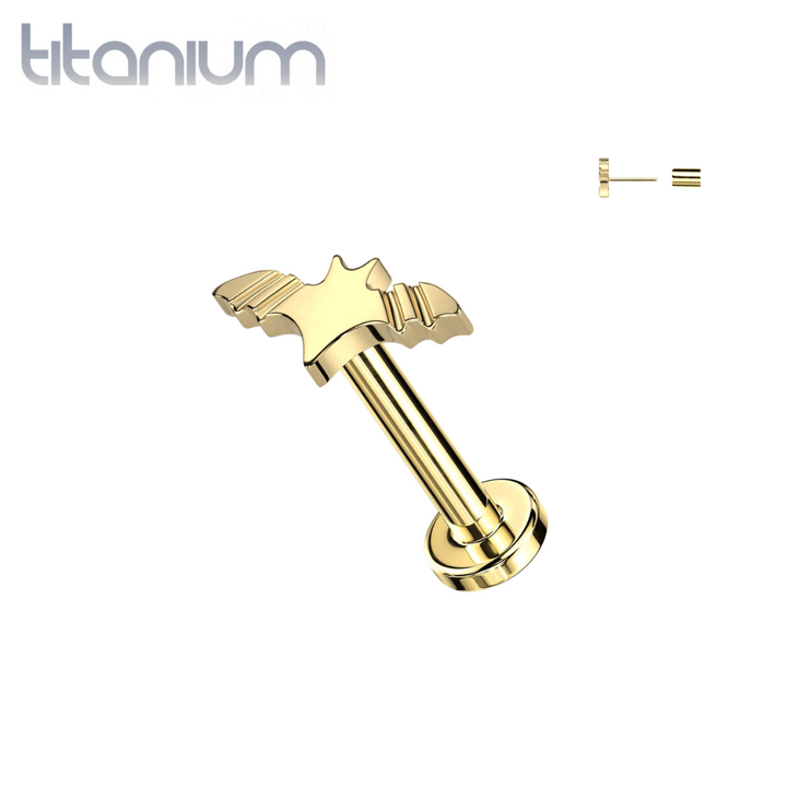 Implant Grade Titanium Gold PVD Winged Flying Bat Push In Threadless Labret With Flat Back - Pierced Universe