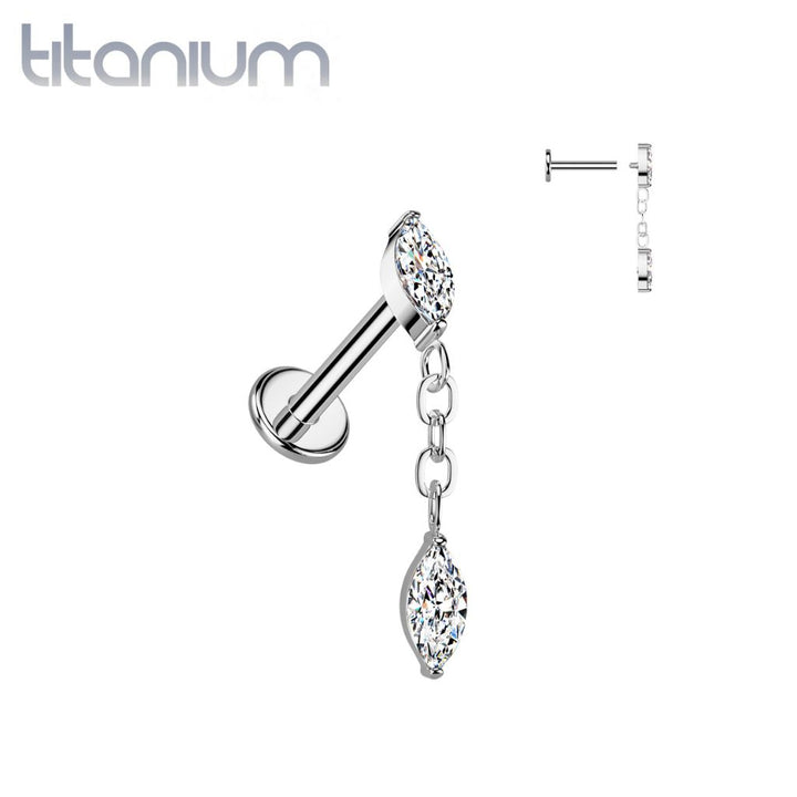 Implant Grade Titanium White CZ Marquise Gem Dangle Internally Threaded Labret - Pierced Universe