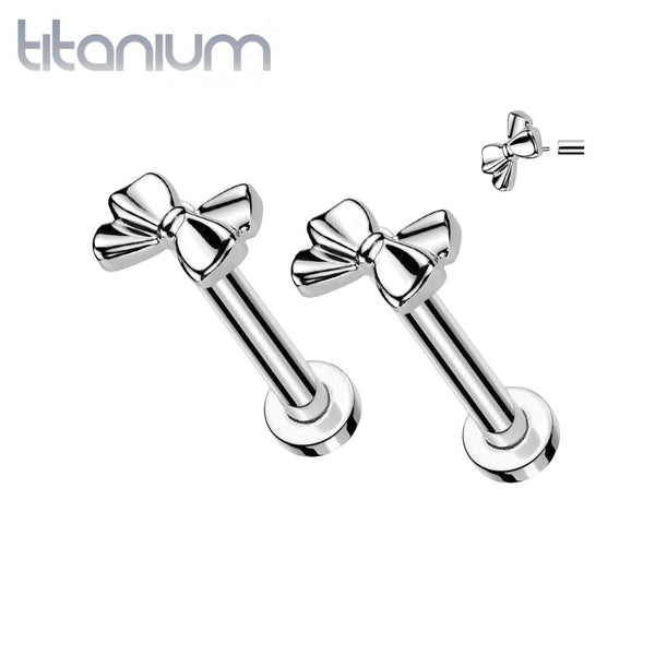 Pair of Implant Grade Titanium Threadless Bow Push In Earrings With Flat Back - Pierced Universe