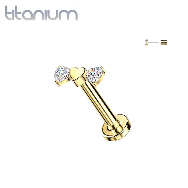 Implant Grade Titanium Gold PVD Triple Heart White CZ Bar Top Threadless Labret With Flat Back - Pierced Universe