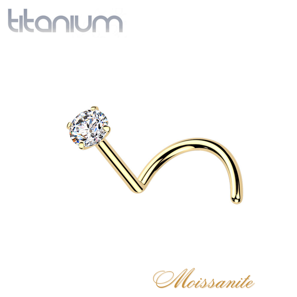 Implant Grade Titanium Gold PVD White CZ Moissanite Corkscrew Nose Ring - Pierced Universe