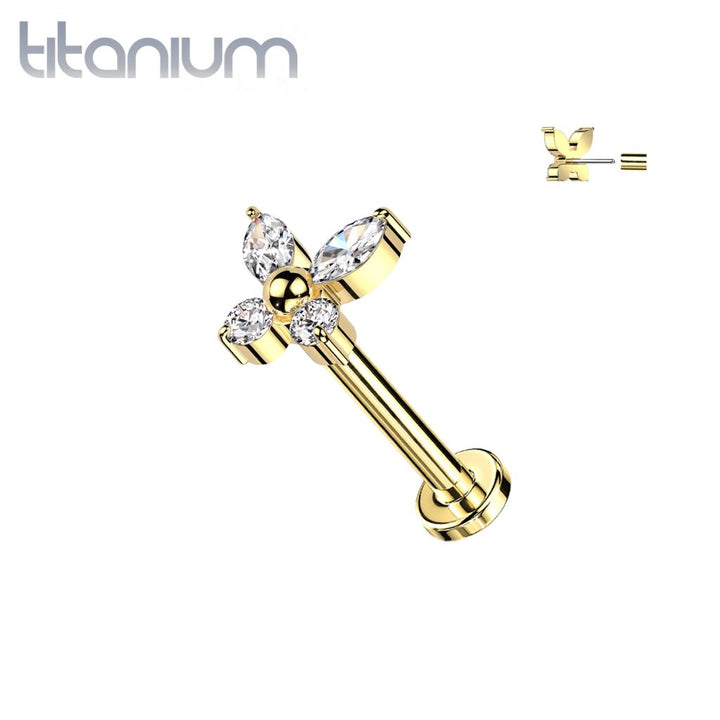 Implant Grade Titanium Gold PVD Dainty White CZ Gem Butterfly Threadless Push In Labret - Pierced Universe