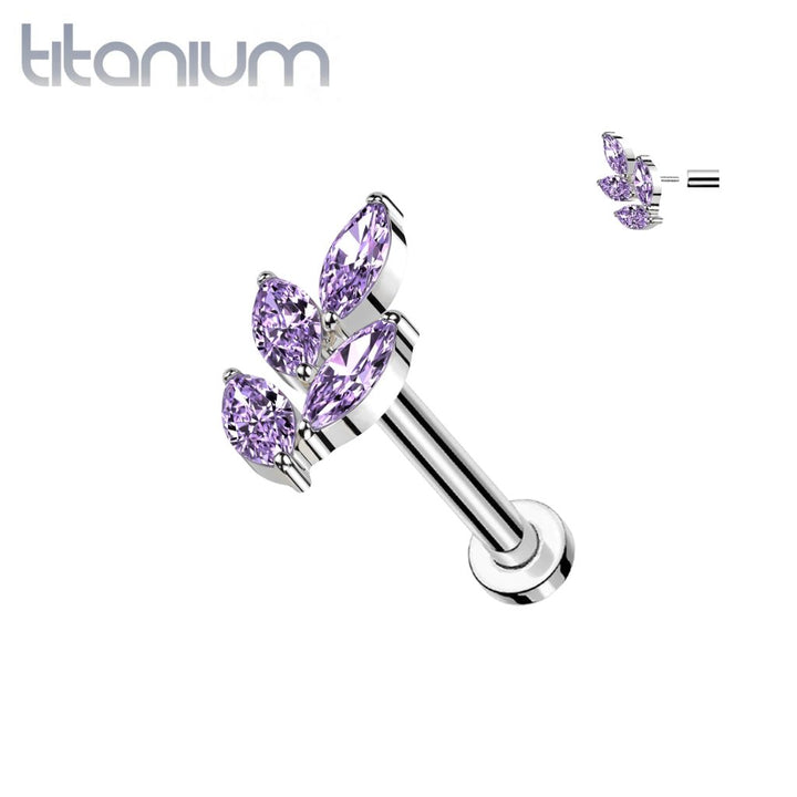 Implant Grade Titanium Large Purple CZ Marquise Leaf Threadless Push In Labret - Pierced Universe