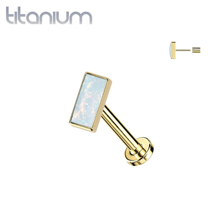 Implant Grade Titanium Gold PVD White Opal Rectangle Threadless Push In Labret - Pierced Universe