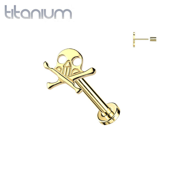 Grade Titanium Gold PVD Skull And Crossbones Threadless Push In Labret - Pierced Universe