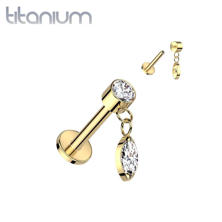 Implant Grade Titanium Gold PVD White CZ Marquise Gem Dangle Flat Back Labret - Pierced Universe