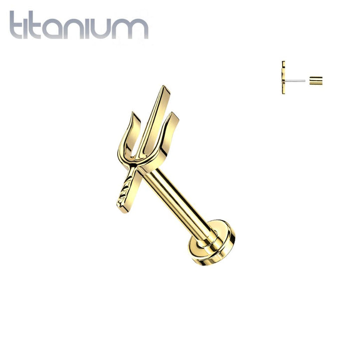 Implant Grade Titanium Gold PVD Threadless Push In Dainty Trident Top Labret With Flat Back - Pierced Universe