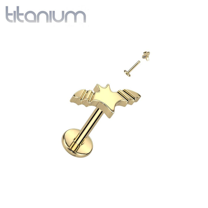 Implant Grade Titanium Gold PVD Internally Threaded Large Ridged Bat Flat Back Labret - Pierced Universe