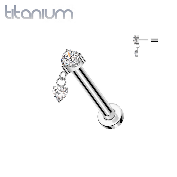 Implant Grade Titanium Threadless Push In Large White CZ Heart Dangle Nose Ring With Flat Back - Pierced Universe