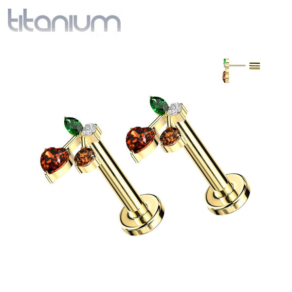 Pair of Implant Grade Titanium Gold PVD Red CZ Heart Cherry Cute Push In Threadless Earrings With Flat Back - Pierced Universe