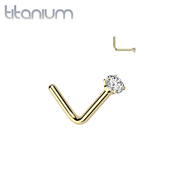 Implant Grade Titanium Gold PVD White CZ L Shape Nose Stud - Pierced Universe