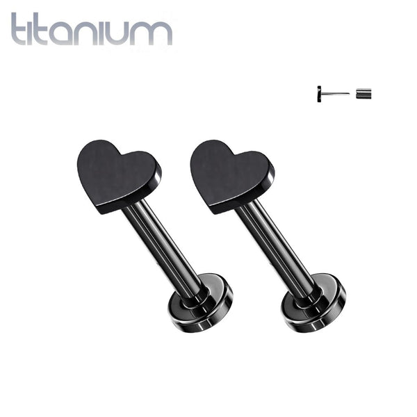Pair of Implant Grade Titanium Black PVD Dainty Threadless Heart Earring Studs with Flat Back - Pierced Universe