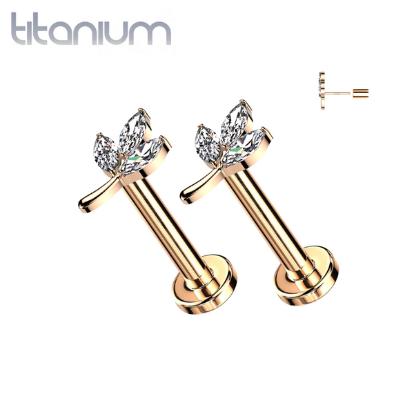 Pair of Implant Grade Titanium Rose Gold PVD White CZ Leaf Threadless Push In Earrings With Flat Back - Pierced Universe